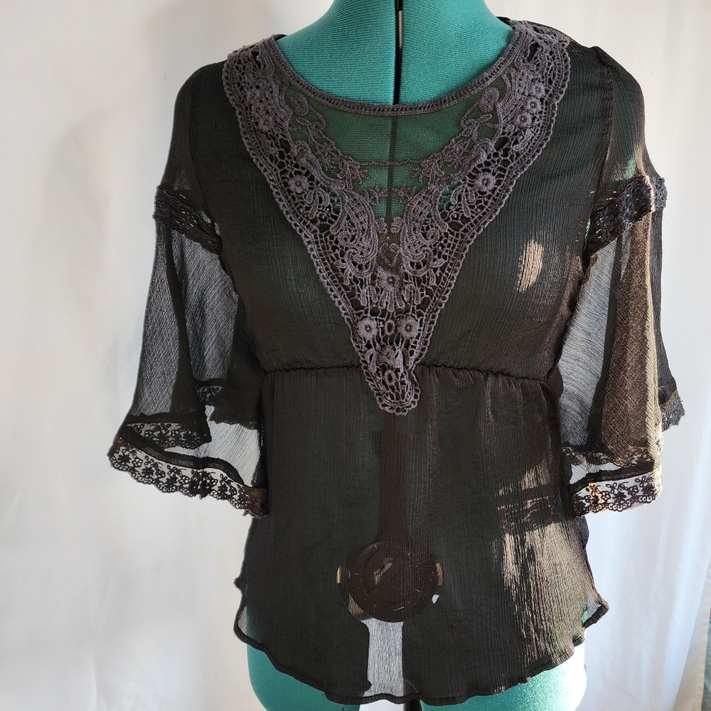 Free People Sheer Black lace Batwing Sleeves Loose Fit Bohemian Top XS